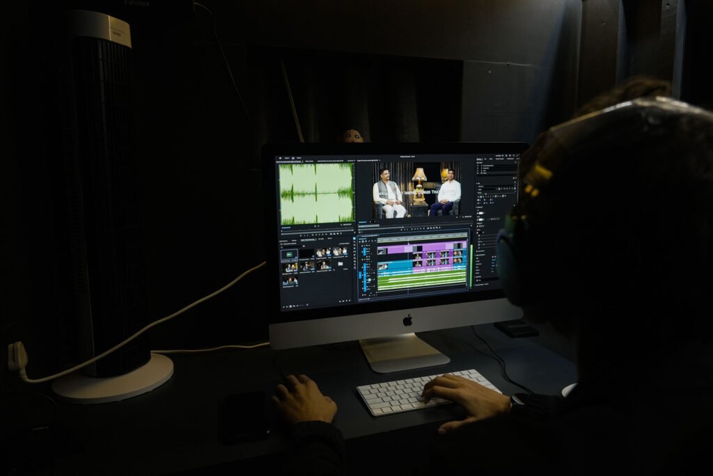 Video editing and post-production work in progress at editing workstation