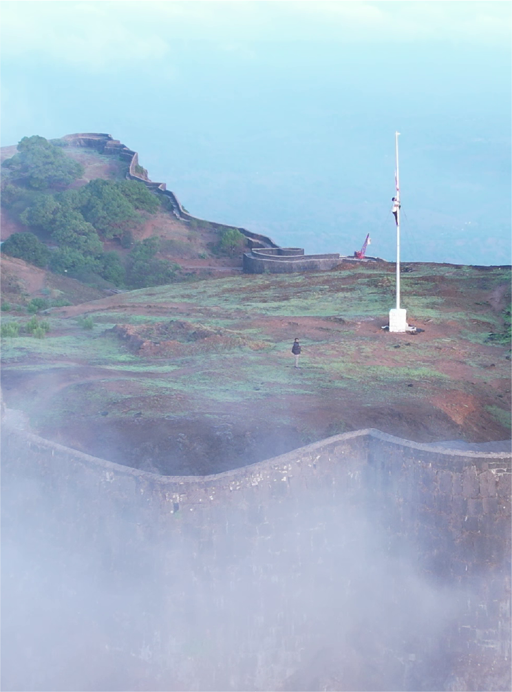 High altitude aerial drone photography of fort landscape in Pune